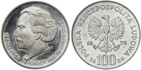 Poland, 100 Zlotych, 1975, Ignacy Jan Paderewski. Ag.625 16,50 g, Y 77, UNC