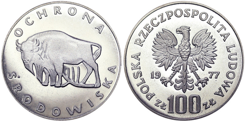 Poland, 100 Zlotych, 1977, Environmental protection - Buffalo. Mintage: 30.050 p...