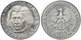 Poland, 100 Zlotych, 1978, 180th Anniversary - Birth of Adam Mickiewicz. Mintage: 30.000 pcs. Ag.625 16,50 g, Y 92, PROOF