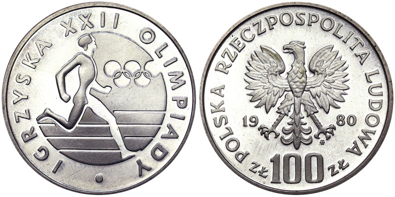 Poland, 100 Zlotych, 1980, Olympic runner. Mintage: 10.000 pcs. Ag.625 16,50 g, ...