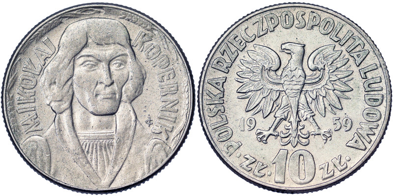 Poland, 10 Zlotych, 1959, Mikołaj Kopernik. Large type. Ni. 12,90 g, Y 51, XF