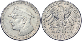 Poland, 10 Zlotych, 1967, 20th Anniversary - Death of General Świerczewski. Ni. 9,50 g, Slightly cleaned, Y 58, XF