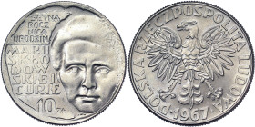 Poland, 10 Zlotych, 1967, Centennial Birth of Marie Skłodowska-Curie. Ni. 9,50 g, Y 59, UNC