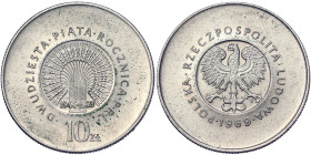 Poland, 10 Zlotych, 1969, 25th Anniversary of People's Republic of Poland. Ni. 9,50 g, Slightly cleaned, Y 61, UNC