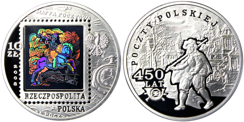 Poland, 10 Zlotych, 2008, 450 Years of the Polish Postal Service. Ag.925 14.14 g...