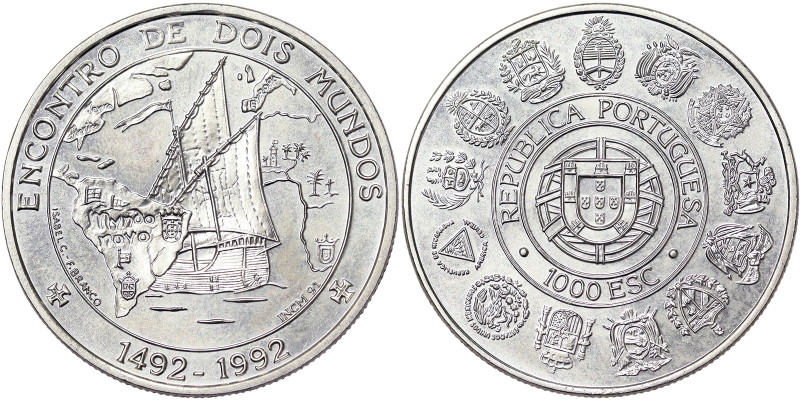 Portugal, 1.000 Escudos, 1992, Encounter of Two Worlds. Ag.500 27,00 g, KM 657, ...