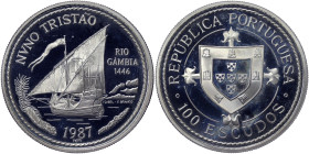Portugal, 100 Escudos, 1987, I-Portuguese Discoveries - Nuno Tristão. Mintage: 20.000 pcs. Ag.925 16,50 g, KM 640a, PROOF