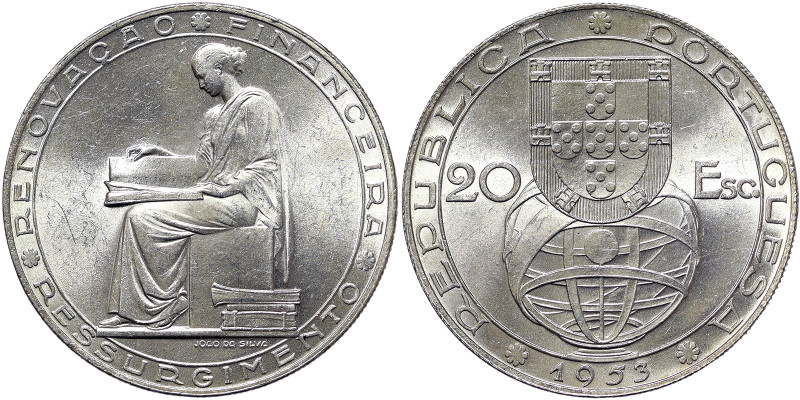 Portugal, 20 Escudos, 1953, Financial Renewal. Ag.835 21,00 g, KM 585, UNC