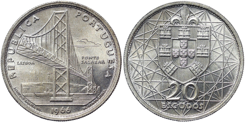 Portugal, 20 Escudos, 1966, Salazar Bridge. Ag.650 10,12 g, KM 592, UNC