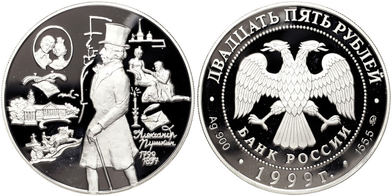 Russia, 25 Roubles, 1999, 200th Anniversary of the Birth of Pushkin. Mintage: 3....