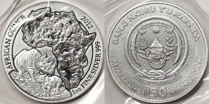 Rwanda, 50 Francs, 2012, African Ounce - Black rhinoceros. Mintage: 5.000 pcs. A...