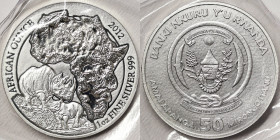 Rwanda, 50 Francs, 2012, African Ounce - Black rhinoceros. Mintage: 5.000 pcs. Ag.999 1 Ounce / 1 Oz, KM 37, UNC