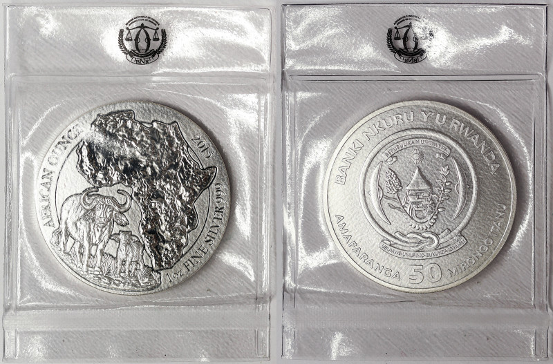 Rwanda, 50 Francs, 2015, Cape buffalo. Ag.999 1 Ounce / 1 Oz, KM 44, UNC