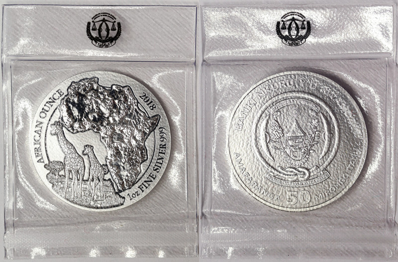 Rwanda, 50 Francs, 2018, Giraffe. Ag.999 1 Ounce / 1 Oz, KM 171, UNC