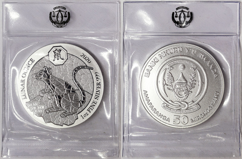 Rwanda, 50 Francs, 2020, Year of the Rat. Ag.999 1 Ounce / 1 Oz, KM 200, UNC