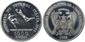 Saint Thomas and Prince, 1000 Dobras, 1990, Football World Championship Italy 1990. Mintage: 15.000 pcs. Ag.925 23,33 g, KM 44, PROOF