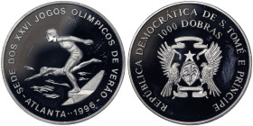 Saint Thomas and Prince, 1000 Dobras, 1993, Atlanta Olympics 1996 - Swimming. Ni. 26,00 g, KM 63, PROOF
