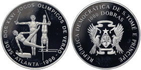 Saint Thomas and Prince, 1000 Dobras, 1993, Atlanta Olympics 1996 - Gymnastics. Ni. 26,00 g, KM 64, PROOF