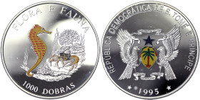 Saint Thomas and Prince, 1000 Dobras, 1995, Flora and Fauna - Seahorse and crab. Mintage: 15.000 pcs. Ag.925 25,00 g, KM 78, PROOF