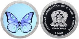 Saint Thomas and Prince, 1000 Dobras, 1998, Hologram Butterfly. Mintage: 10.000 pcs. Ag.999 1 Ounce / 1 Oz, KM 82, PROOF