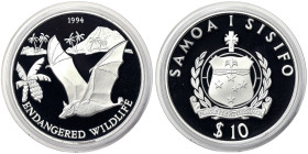 Samoa, 10 Tala, 1994, Endangered Wildlife - Flying Bat. Mintage: 20.000 pcs. Ag.925 31,47 g, KM 101, PROOF