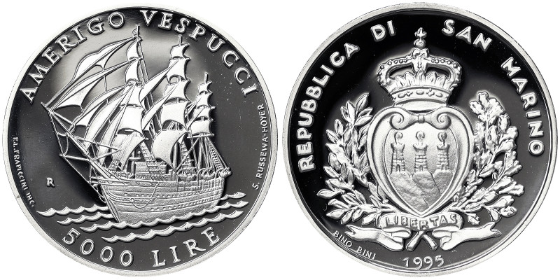 San Marino, 10.000 Lire, 1995, Amerigo Vespucci. Mintage: 35.000 pcs. Ag.835 22,...