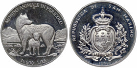 San Marino, 10.000 Lire, 1996, Endangered Animals - Wolf. Mintage: 35.000 pcs. Ag.835 22,00 g, KM 341, PROOF