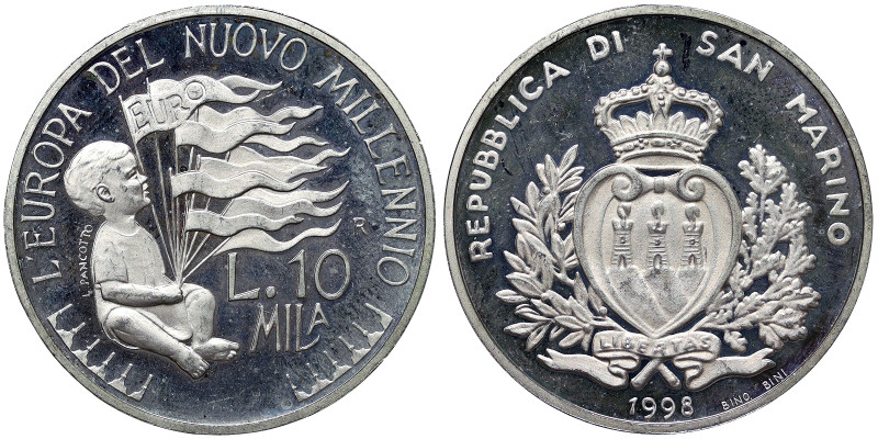 San Marino, 10.000 Lire, 1998, Europe in the new millennium. Ag.835 22,00 g, KM ...