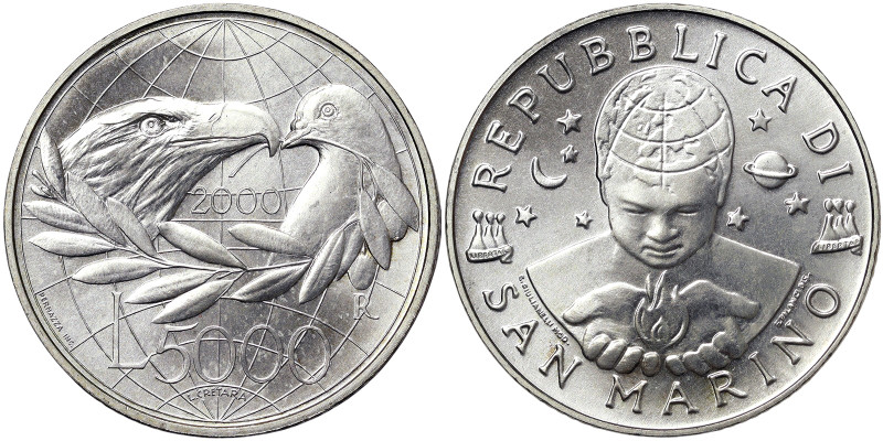 San Marino, 5.000 Lire, 2000, Man towards the third millennium - Peace. Ag.835 1...