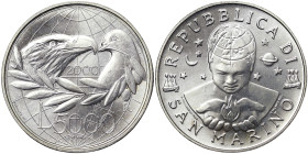 San Marino, 5.000 Lire, 2000, Man towards the third millennium - Peace. Ag.835 18,00 g, KM 406, PROOF
