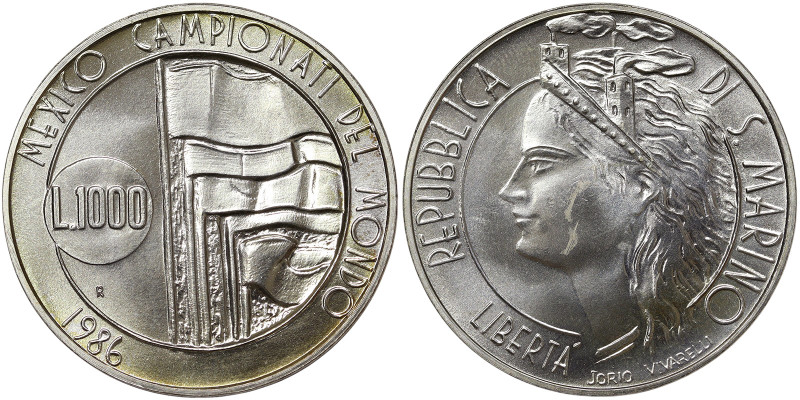 San Marino, 1.000 Lire, 1986, World Cup in Mexico. Ag.835 14,60 g, KM 197, UNC