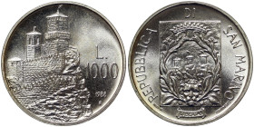 San Marino, 1.000 Lire, 1988, Fortifications - First tower. Ag.800 14,60 g, KM 227, UNC