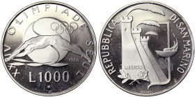 San Marino, 1.000 Lire, 1988, 1988 Summer Olympics, Seoul. Mintage: 9.600 pcs. Ag.835 14,60 g, KM 835, PROOF