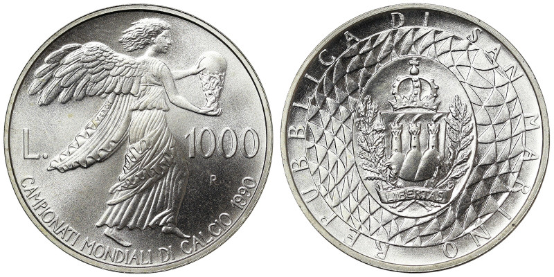 San Marino, 1.000 Lire, 1990, Soccer World Cup in Italy. Ag.835 14,60 g, KM 247,...