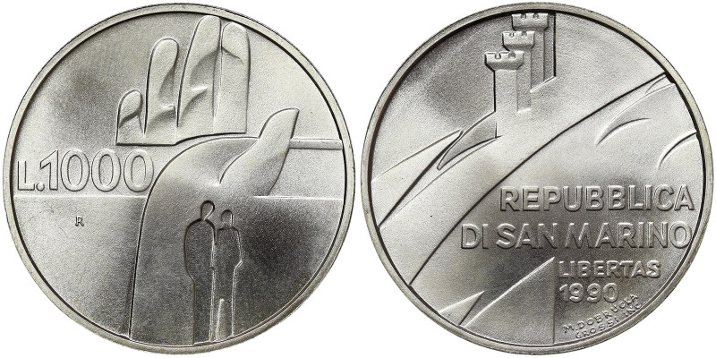 San Marino, 1.000 Lire, 1990, 1.600 Years of History. Ag.835 14,60 g, KM 257, UN...