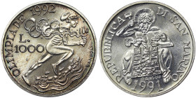 San Marino, 1.000 Lire, 1991, 1992 Summer Olympics, Barcelona. Ag.835 14,60 g, KM 272, UNC