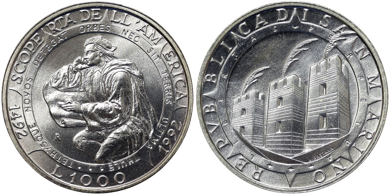San Marino, 1.000 Lire, 1992, 500th Anniversary of Colombus' Discovery of Americ...