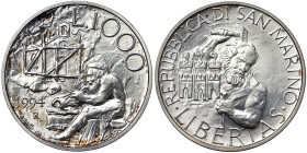 San Marino, 1.000 Lire, 1994, Life and Legend of Holy Marinus of Dalmatia - Foundation of the First Church in San Marino. Ag.835 14,60 g, KM 315, UNC