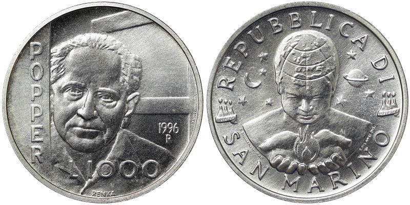San Marino, 1.000 Lire, 1996, Philosophers of the Occident - Karl Popper. Ag.835...