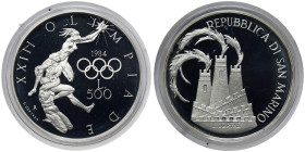 San Marino, 500 Lire, 1984, 1984 Summer Olympics, Los Angeles. Mintage: 15.000 pcs. Ag.835 14,60 g, KM 168, PROOF