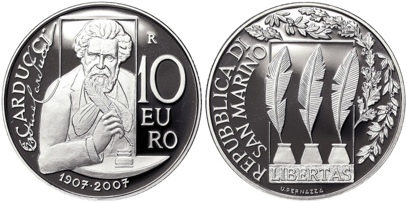 San Marino, 10 Euro, 2007, 100th Anniversary of the Death of Giosuè Carducci. Mi...
