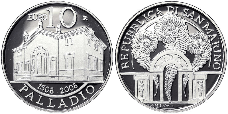 San Marino, 10 Euro, 2008, 500th Anniversary of the Birth of Andrea Palladio. Mi...