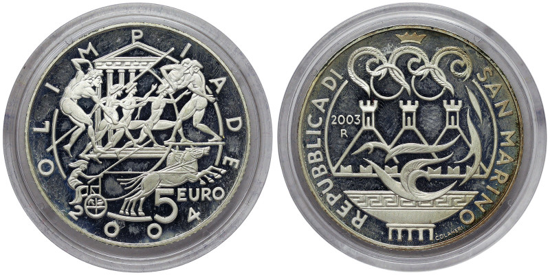 San Marino, 5 Euro, 2003, Summer Olympics, Athens 2004. Mintage: 37.766 pcs. Ag....