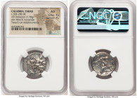 CALABRIA. Tarentum. Ca. 302-280 BC. AR didrachm (22mm, 7.79 gm, 11h). NGC AU 4/5 - 4/5. Lyciscus and Xor-, magistrates. ΛYKIΣKOΣ, Nike advancing left,...