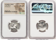 CALABRIA. Tarentum. Ca. 302-280 BC. AR didrachm (22mm, 1h). NGC Choice VF. Ar-, Phi-, and Phi-, magistrates. Nude warrior on horse rearing right, spea...