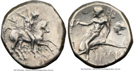CALABRIA. Tarentum. Ca. 281-240 BC. AR stater or didrachm (19mm, 6.16 gm, 8h). NGC Choice VF 5/5 - 3/5. Aristocles and Di-, magistrates. Nude warrior ...
