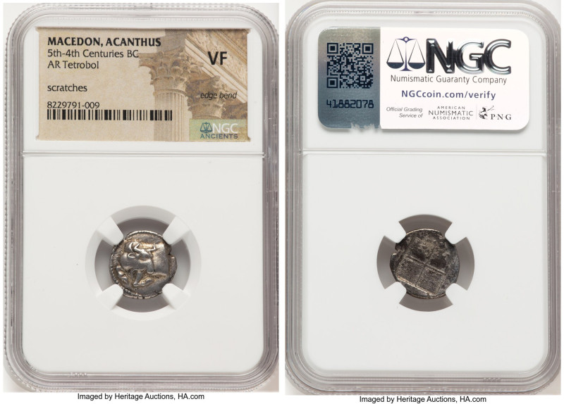 MACEDON. Acanthus. Ca. 5th-4th centuries BC. AR tetrobol (15mm). NGC VF, edge be...
