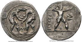 PAMPHYLIA. Aspendus. Ca. 380-225 BC. AR stater (24mm, 10.53 gm, 11h). NGC VF 3/5 - 2/5. Two wrestlers grappling; ΑΦ between / EΣTFEΔIIYΣ, slinger stri...