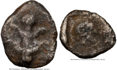 CYRENAICA. Cyrene. Ca. 480-435 BC. AR obol (10mm, 8h). NGC VG. Silphium plant with flower, four leaves and four fruits; dotted border / Head of Zeus A...