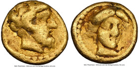 CYRENAICA. Cyrene. Ca. 331-313 BC. AV 1/10 stater (8mm, 0.84 gm, 11h). NGC Fine 5/5 - 3/5. Head of Zeus-Ammon right; dotted border / Female head (Cyre...